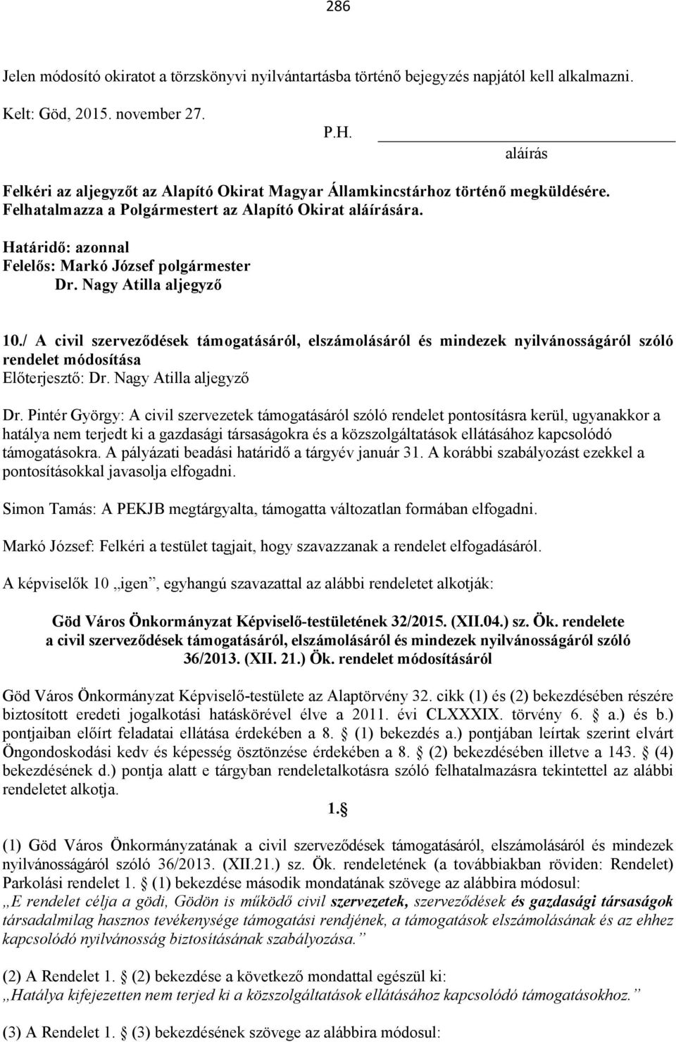 Határidő: azonnal Felelős: Markó József polgármester Dr. Nagy Atilla aljegyző 10.