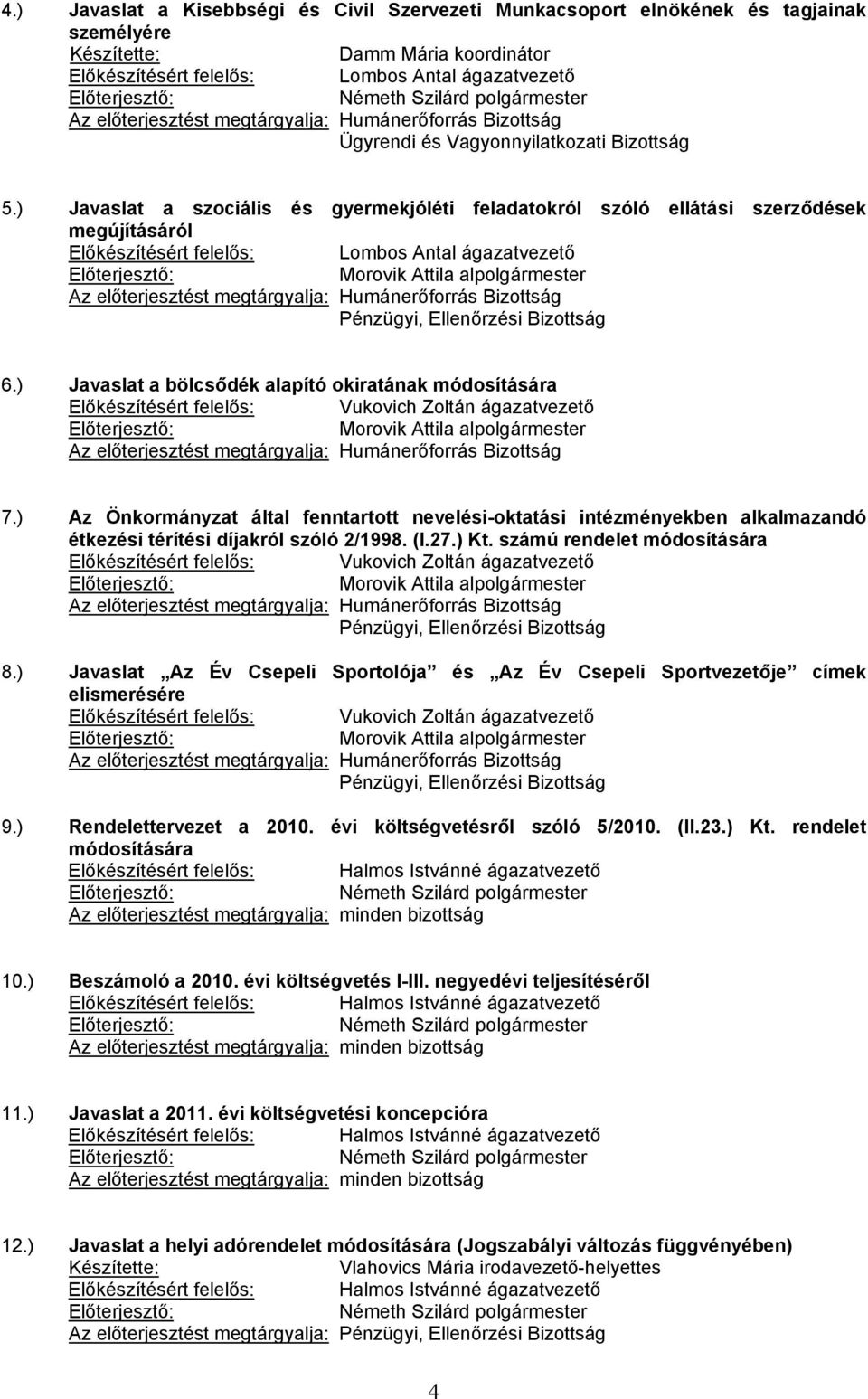 számú rendelet módosítására 8.) Javaslat Az Év Csepeli Sportolója és Az Év Csepeli Sportvezetője címek elismerésére 9.) Rendelettervezet a 2010. évi költségvetésről szóló 5/2010. (II.23.) Kt.