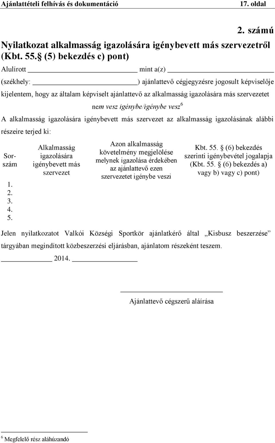 vesz igénybe/igénybe vesz 6 A alkalmasság igazolására igénybevett más szervezet az alkalmasság igazolásának alábbi részeire terjed ki: Sorszám 1. 2. 3. 4. 5.