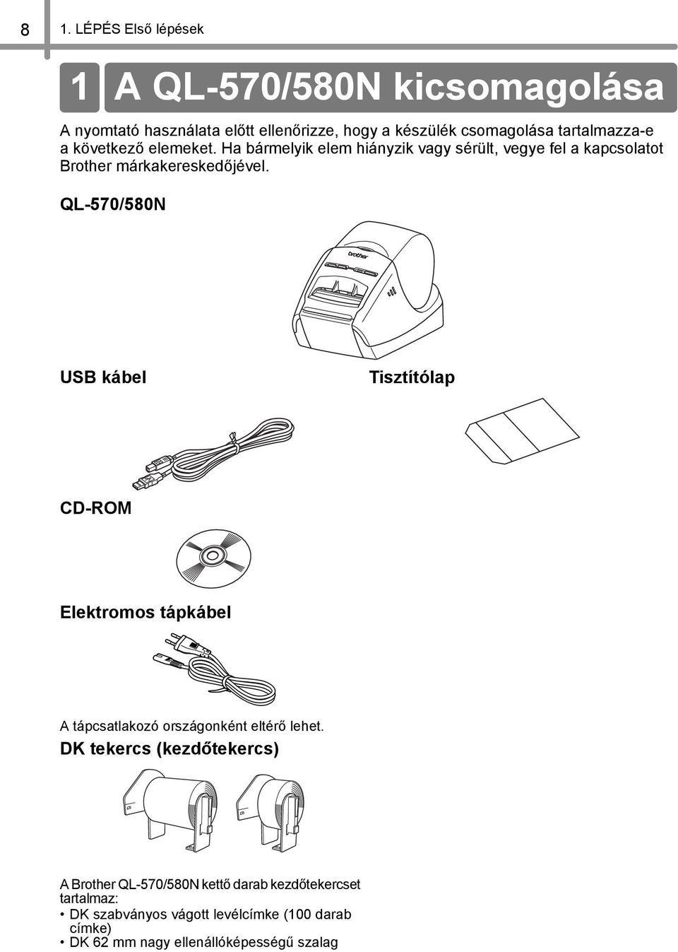 QL-570/580N USB kábel Tisztítólap CD-ROM Elektromos tápkábel A tápcsatlakozó országonként eltérő lehet.