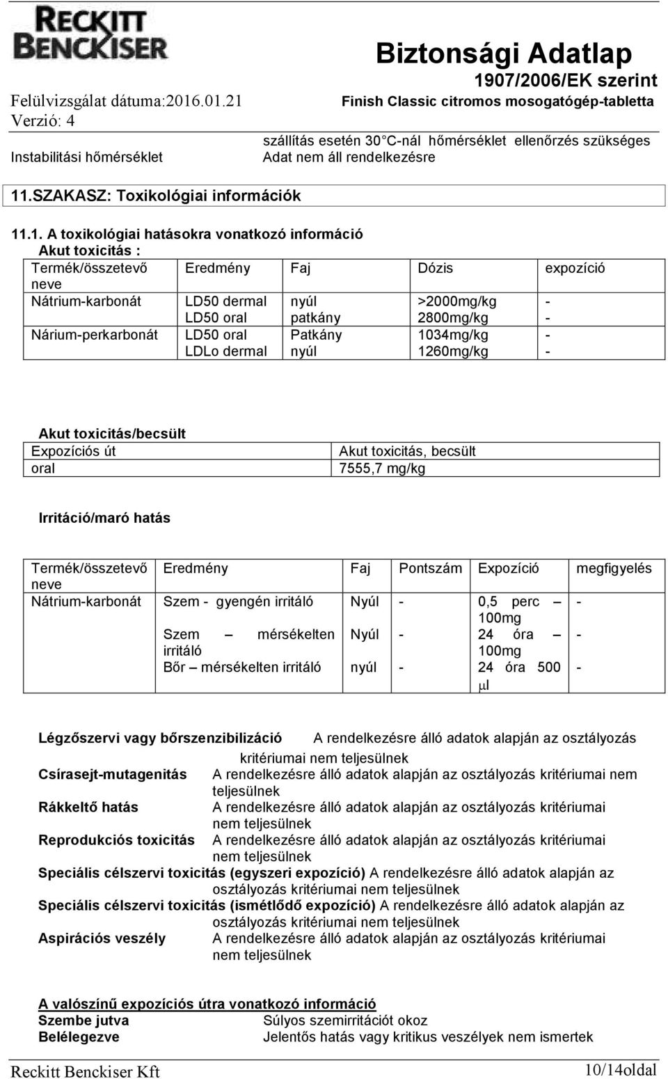 .1. A toxikológiai hatásokra vonatkozó információ Akut toxicitás : Termék/összetevő Eredmény Faj Dózis expozíció neve Nátriumkarbonát LD50 dermal LD50 oral nyúl patkány >2000mg/kg 2800mg/kg