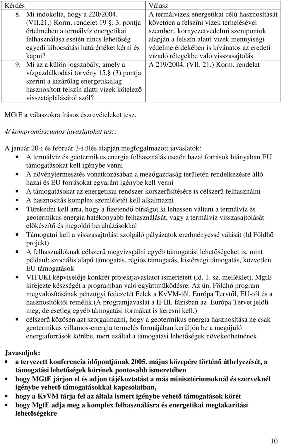 Válasz A termálvizek energetikai célú hasznosítását követ en a felszíni vizek terhelésével szemben, környezetvédelmi szempontok alapján a felszín alatti vizek mennyiségi védelme érdekében is