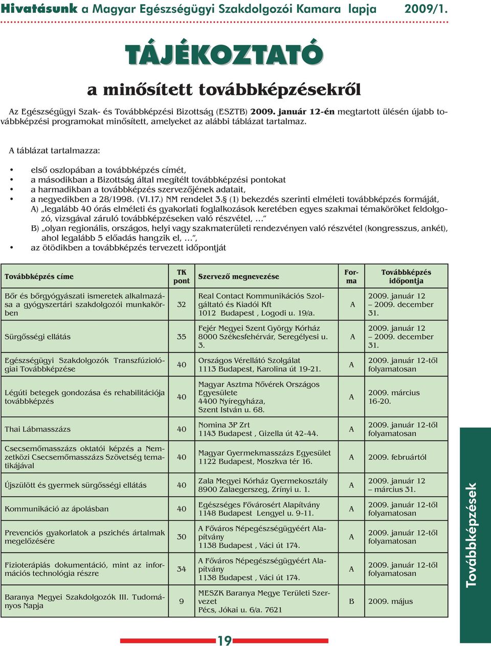 táblázat tartalmazza: elsô oszlopában a továbbképzés címét, a másodikban a izottság által megítélt továbbképzési pontokat a harmadikban a továbbképzés szervezôjének adatait, a negyedikben a 28/18.