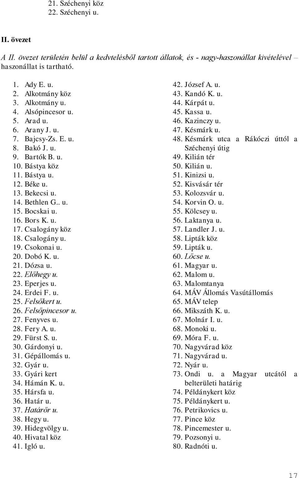 16. Bors K. u. 17. Csalogány köz 18. Csalogány u. 19. Csokonai u. 20. Dobó K. u. 21. Dózsa u. 22. Előhegy u. 23. Eperjes u. 24. Erdei F. u. 25. Felsőkert u. 26. Felsőpincesor u. 27. Fenyves u. 28.