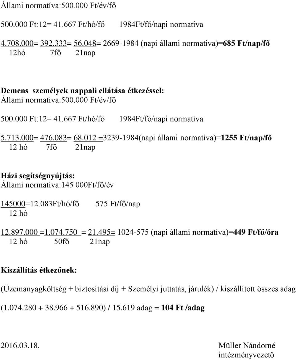 667 Ft/hó/fő 1984Ft/fő/napi normatíva 5.713.000= 476.083= 68.012 =3239-1984(napi állami normatíva)=1255 Ft/nap/fő 12 hó 7fő 21nap Házi segítségnyújtás: Állami normatíva:145 000Ft/fő/év 145000=12.