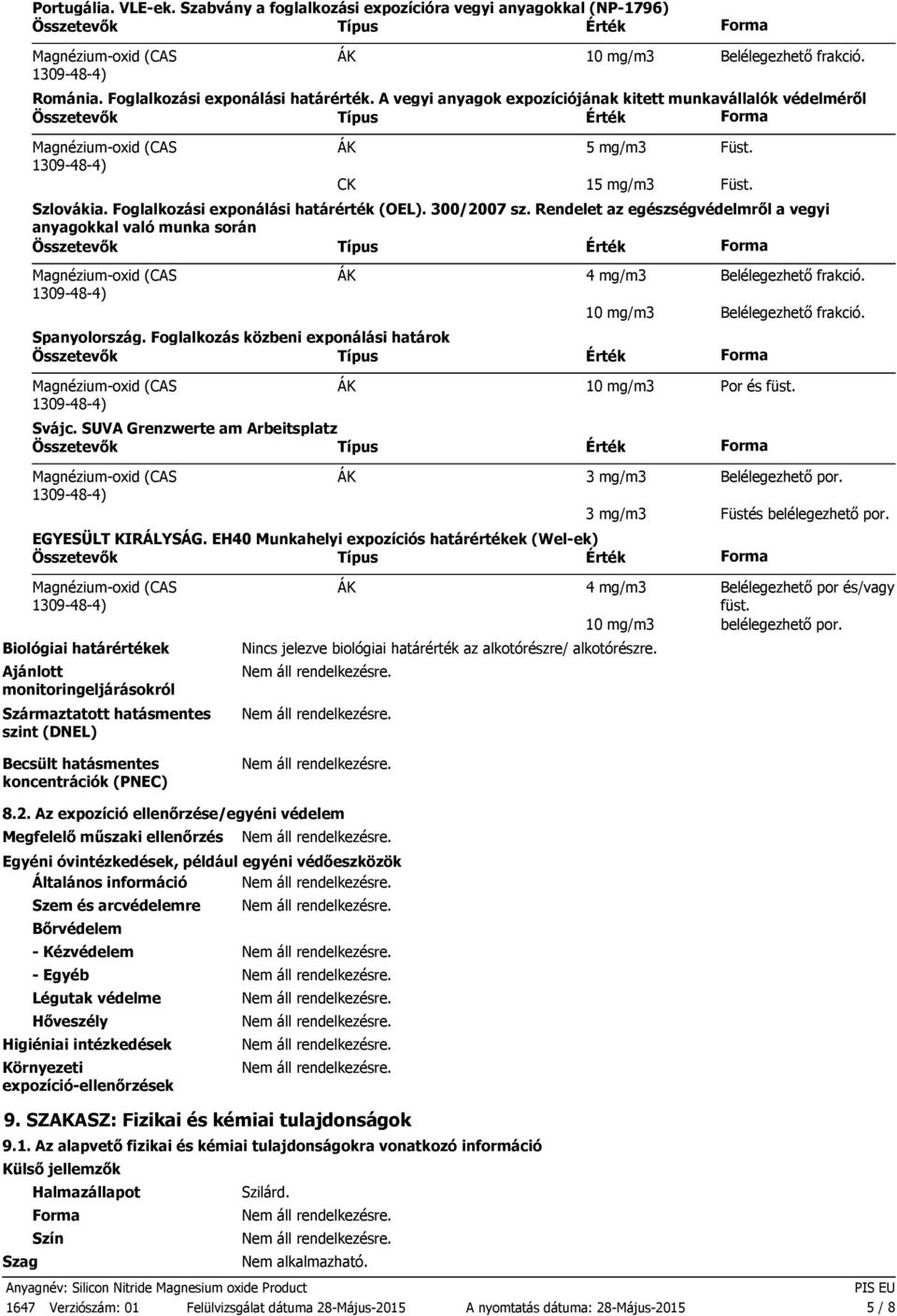 Rendelet az egészségvédelmről a vegyi anyagokkal való munka során Spanyolország. Foglalkozás közbeni exponálási határok Svájc. SUVA Grenzwerte am Arbeitsplatz 4 mg/m3 Belélegezhető frakció.