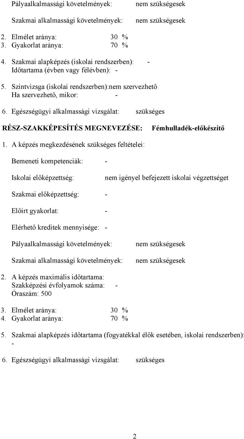 Egészségügyi alkalmassági vizsgálat: szükséges RÉSZ-SZKKÉPESÍTÉS MEGNEVEZÉSE: Fémhulladék-előkészítő 1.