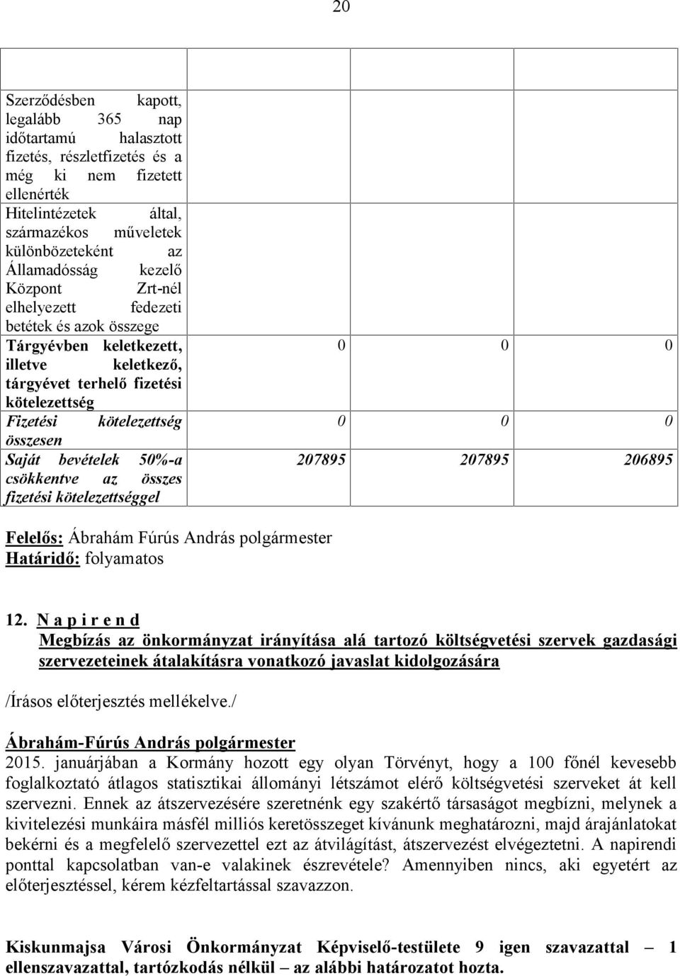 50%-a csökkentve az összes fizetési kötelezettséggel 0 0 0 0 0 0 207895 207895 206895 Felelős: Ábrahám Fúrús András polgármester Határidő: folyamatos 12.