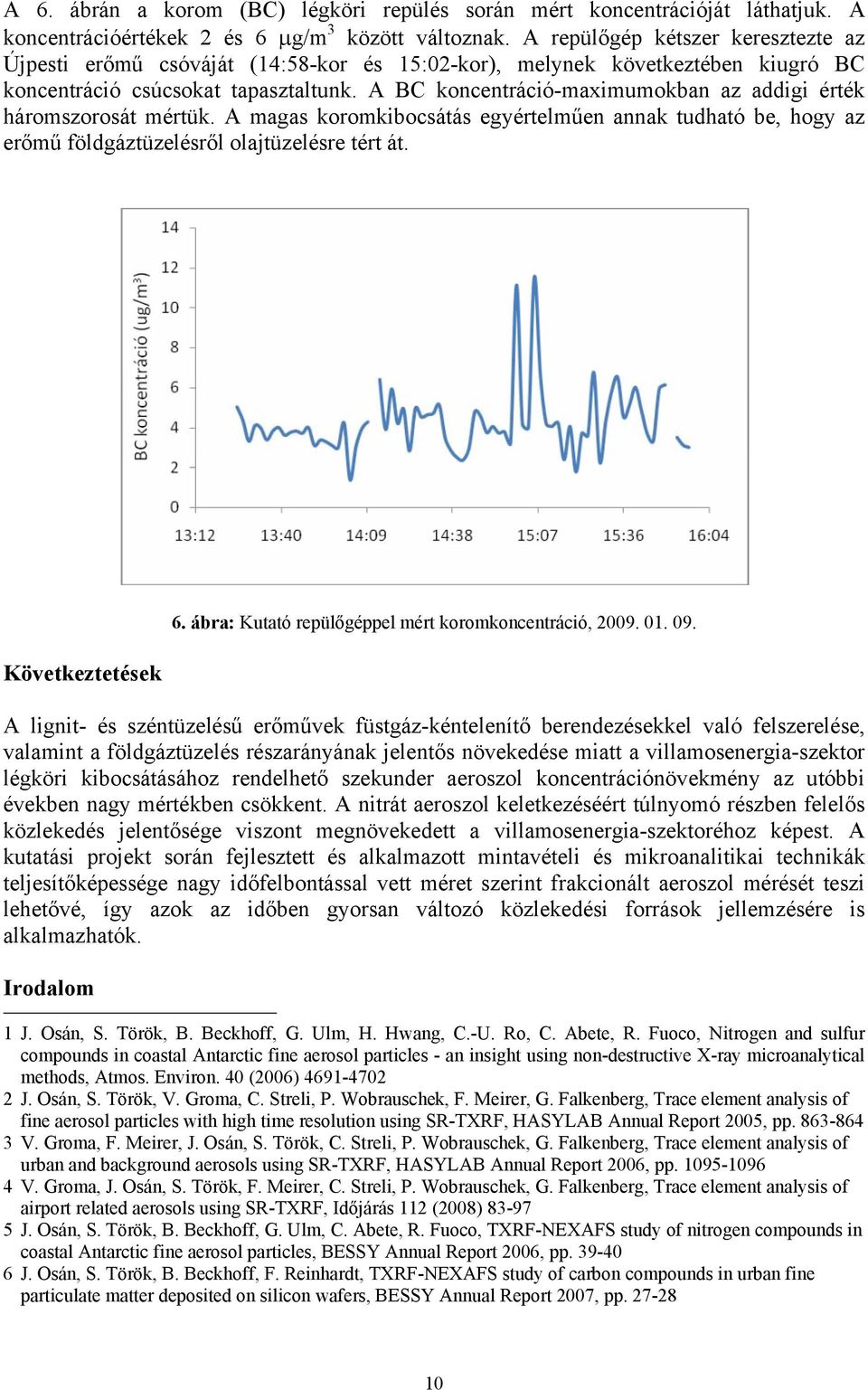 A BC koncentráció-maximumokban az addigi érték háromszorosát mértük. A magas koromkibocsátás egyértelműen annak tudható be, hogy az erőmű földgáztüzelésről olajtüzelésre tért át. Következtetések 6.