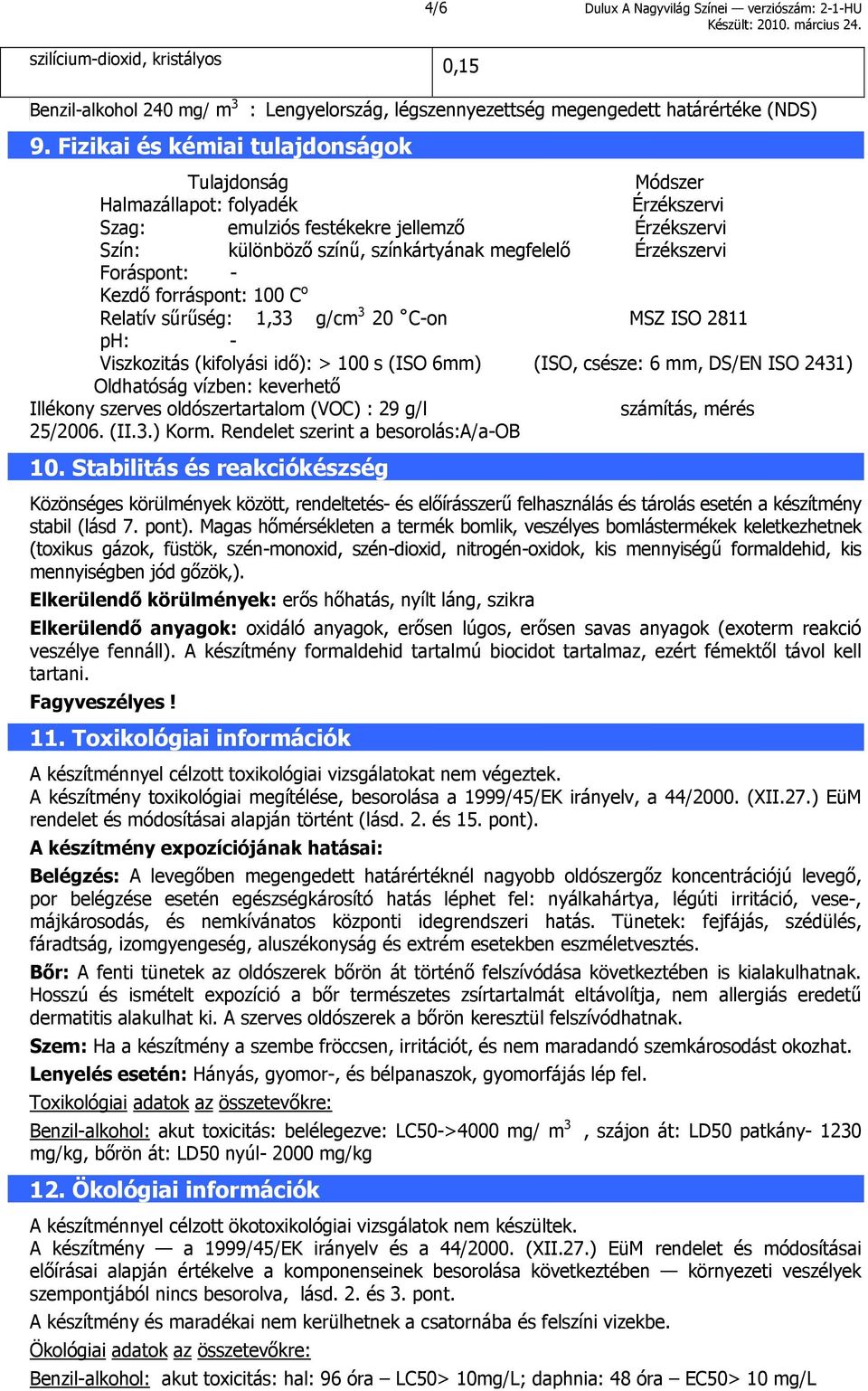 Foráspont: - Kezdő forráspont: 100 C o Relatív sűrűség: 1,33 g/cm 3 20 C-on MSZ ISO 2811 ph: - Viszkozitás (kifolyási idő): > 100 s (ISO 6mm) (ISO, csésze: 6 mm, DS/EN ISO 2431) Oldhatóság vízben: