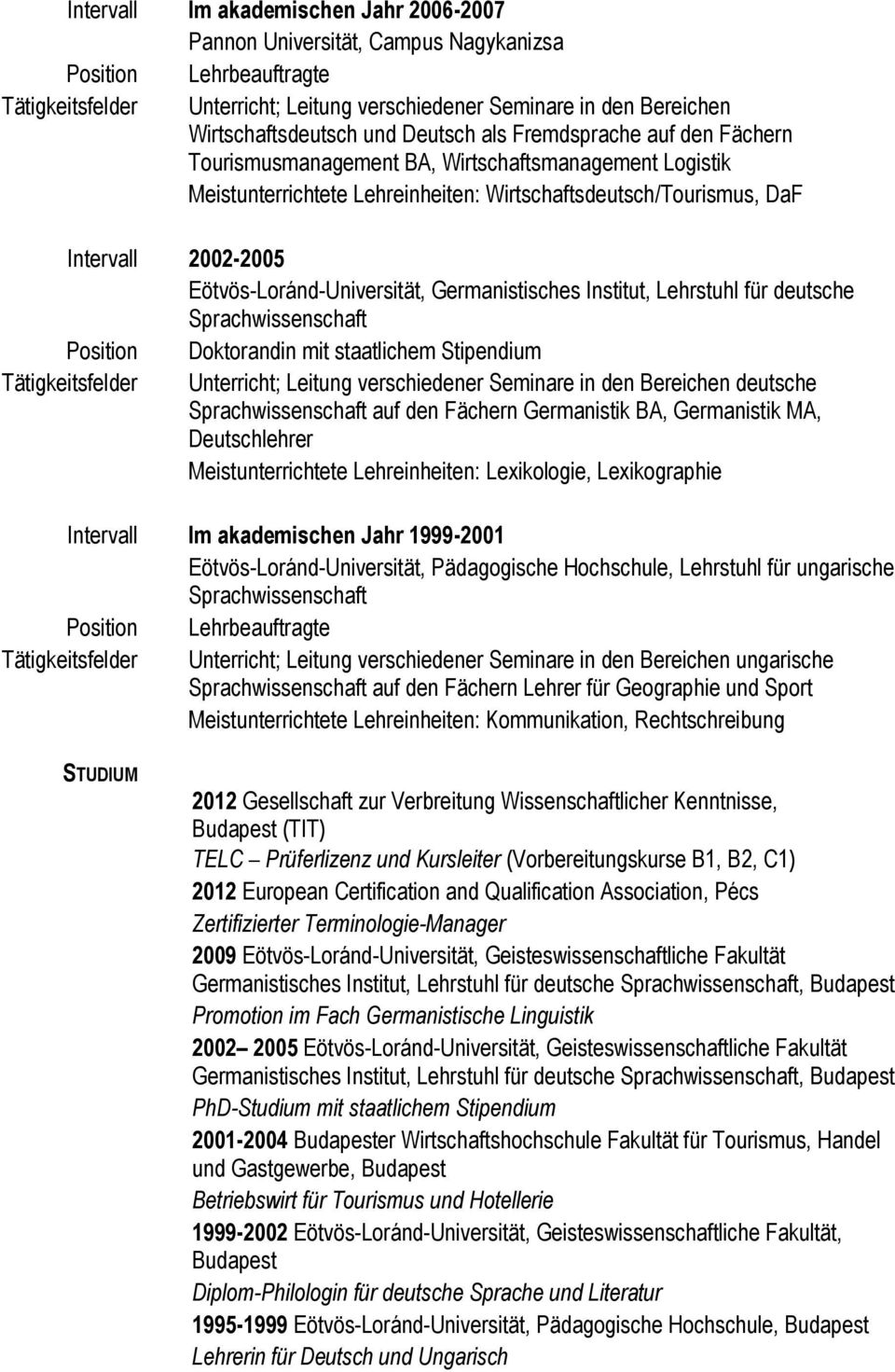 2002-2005 Eötvös-Loránd-Universität, Germanistisches Institut, Lehrstuhl für deutsche Sprachwissenschaft Position Doktorandin mit staatlichem Stipendium Tätigkeitsfelder Unterricht; Leitung