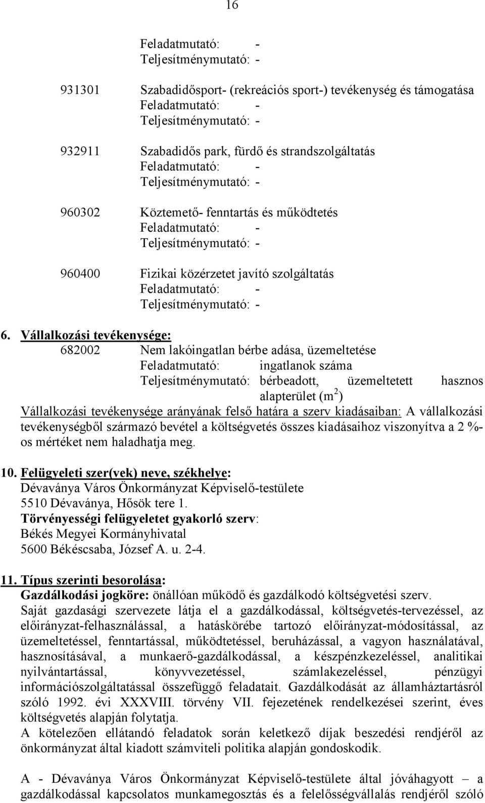 Vállalkozási tevékenysége: 682002 Nem lakóingatlan bérbe adása, üzemeltetése Feladatmutató: ingatlanok Teljesítménymutató: bérbeadott, üzemeltetett hasznos alapterület (m 2 ) Vállalkozási