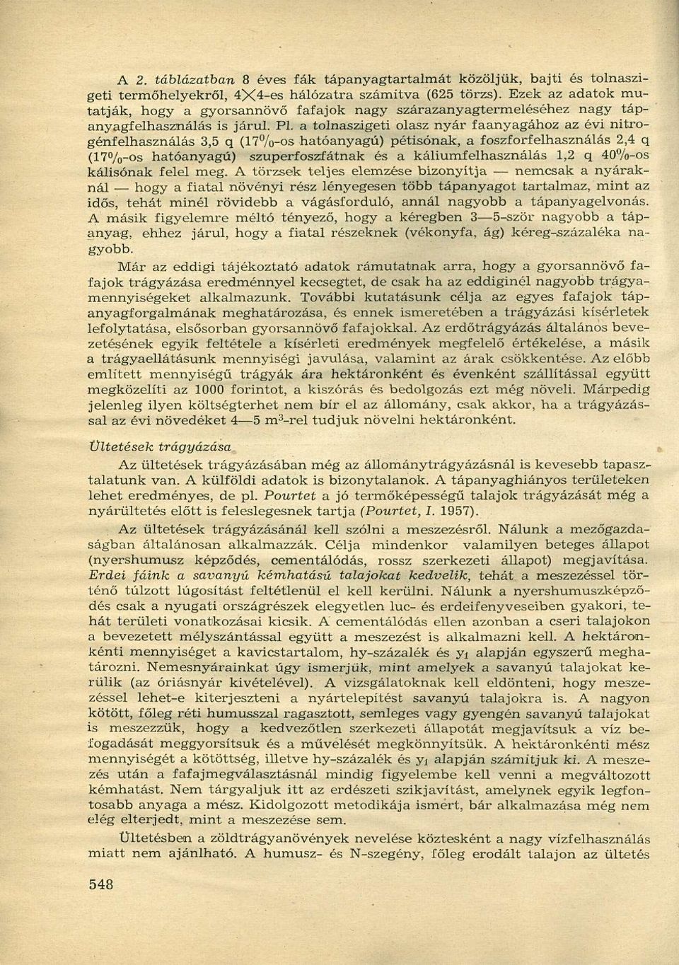 a tolnaszigeti olasz nyár faanyagához az évi nitrogénfelhasználás 3,5 q (17%-os hatóanyagú) pétisónak, a foszforfelhasználás 2,4 q (17%-os hatóanyagú) szuperfoszfátnak és a káliumfelhasználás 1,2 q