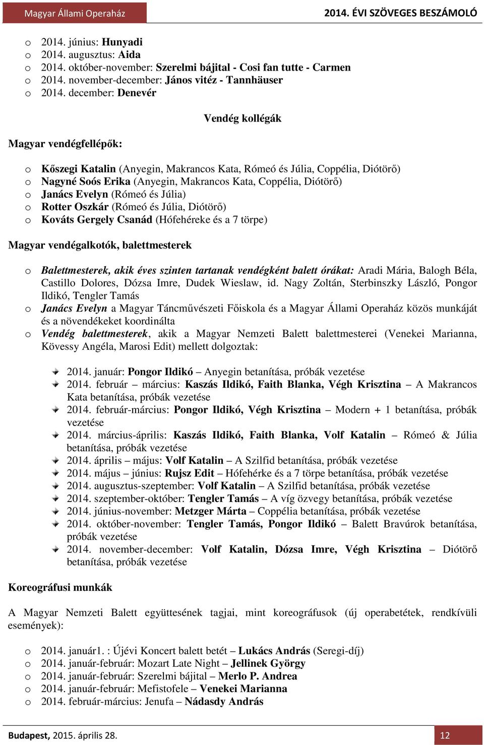 Diótörő) o Janács Evelyn (Rómeó és Júlia) o Rotter Oszkár (Rómeó és Júlia, Diótörő) o Kováts Gergely Csanád (Hófehéreke és a 7 törpe) Magyar vendégalkotók, balettmesterek o Balettmesterek, akik éves