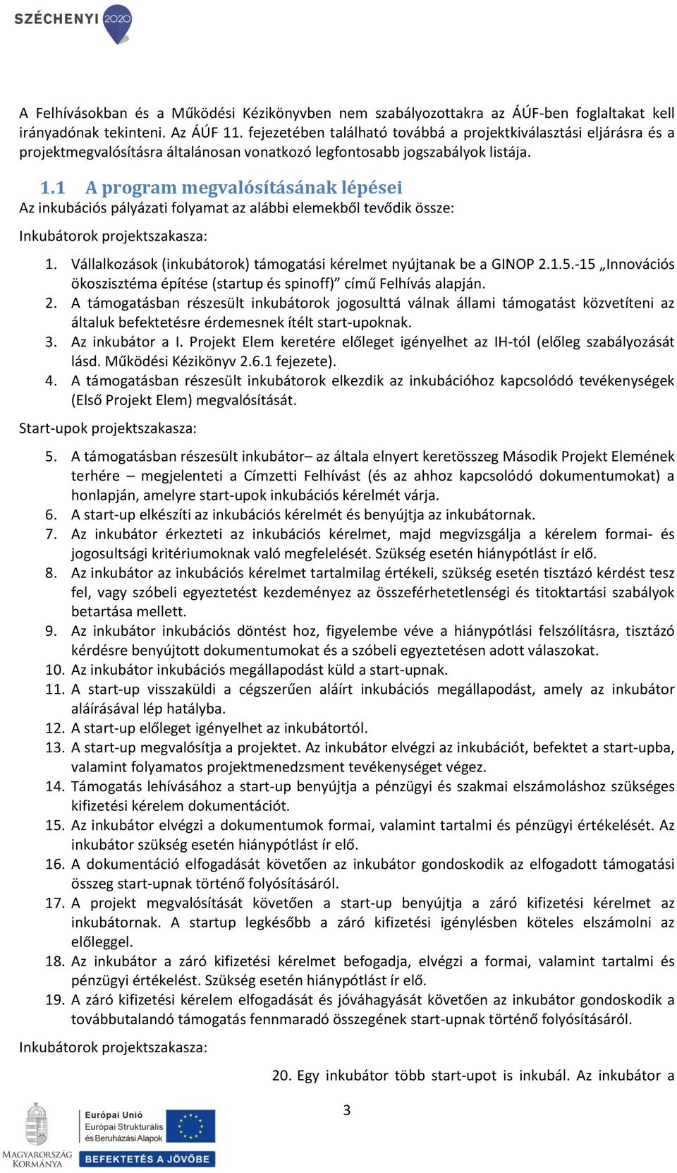 1 A program megvalósításának lépései Az inkubációs pályázati folyamat az alábbi elemekből tevődik össze: Inkubátorok projektszakasza: 1.