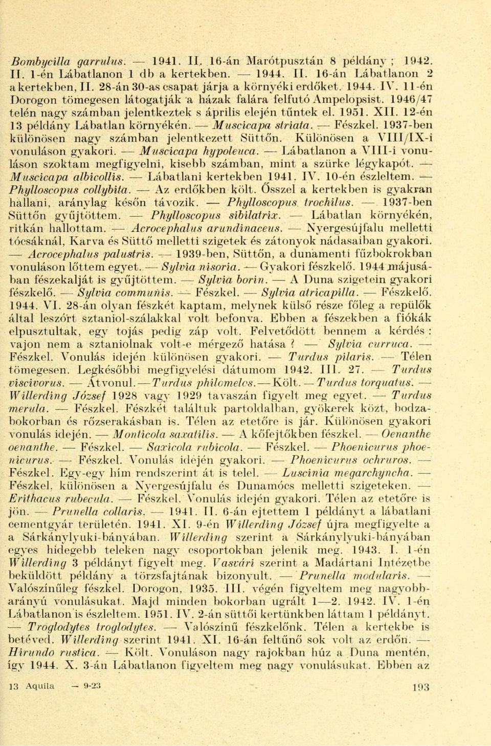 Muscicapa striata. Fészkel. 1937-ben különösen nagy számban jelentkezett Süttőn. Különösen a VlII/IX-i vonuláson gyakori. Muscicapa hypoieuca.