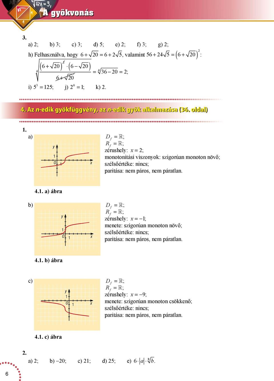 ) y O x D f = ; R f = ; zérushely: x = ; monotonitási viszonyok: szigorún monoton növő; szélsőértéke: nincs; pritás: nem páros, nem pártln.