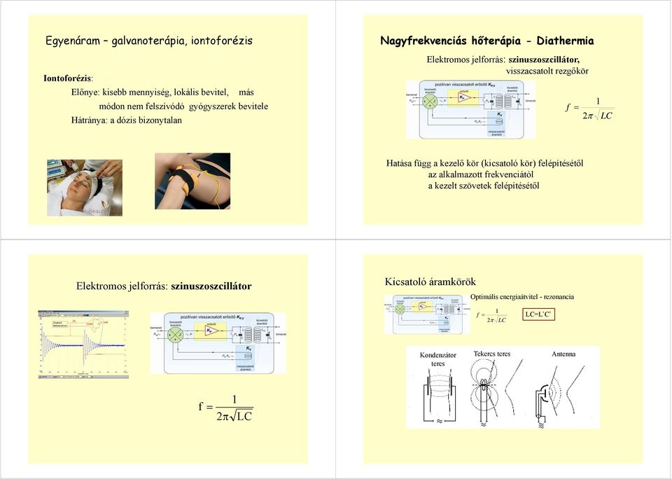 rezgőkör f = π LC Hatása függ a kezelő kör (kicsatoló kör) felépítésétől az alkalmazott frekvenciától a kezelt szövetek felépítésétől