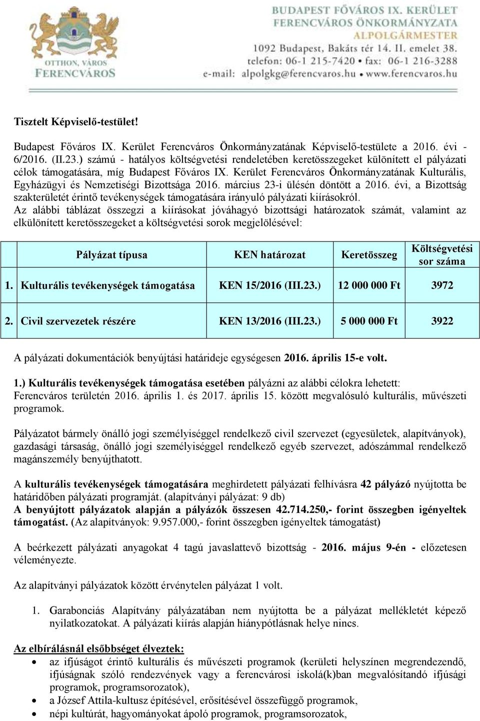 Kerület Ferencváros Önkormányzatának Kulturális, Egyházügyi és Nemzetiségi Bizottsága 2016. március 23-i ülésén döntött a 2016.