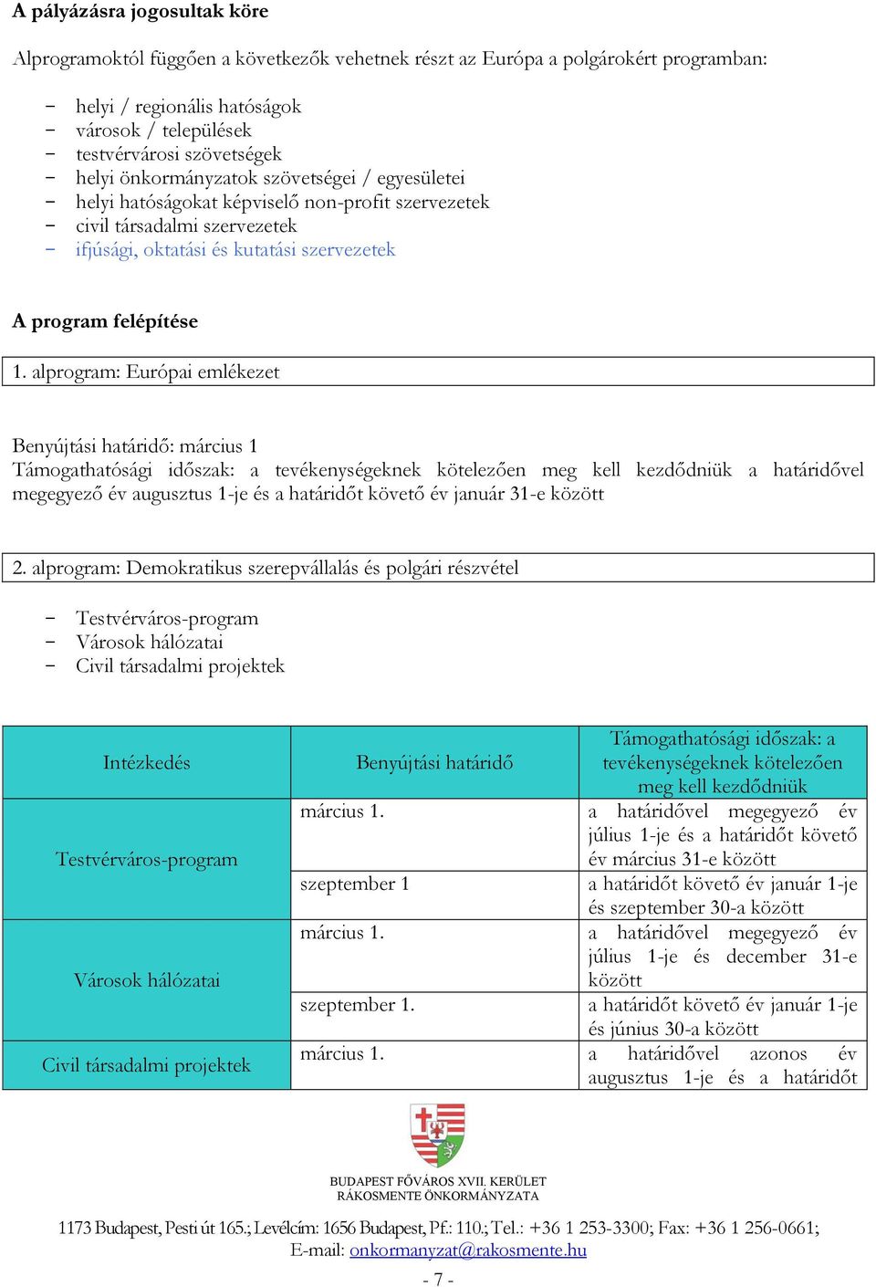 1. alprogram: Európai emlékezet Benyújtási határidő: március 1 Támogathatósági időszak: a tevékenységeknek kötelezően meg kell kezdődniük a határidővel megegyező év augusztus 1-je és a határidőt