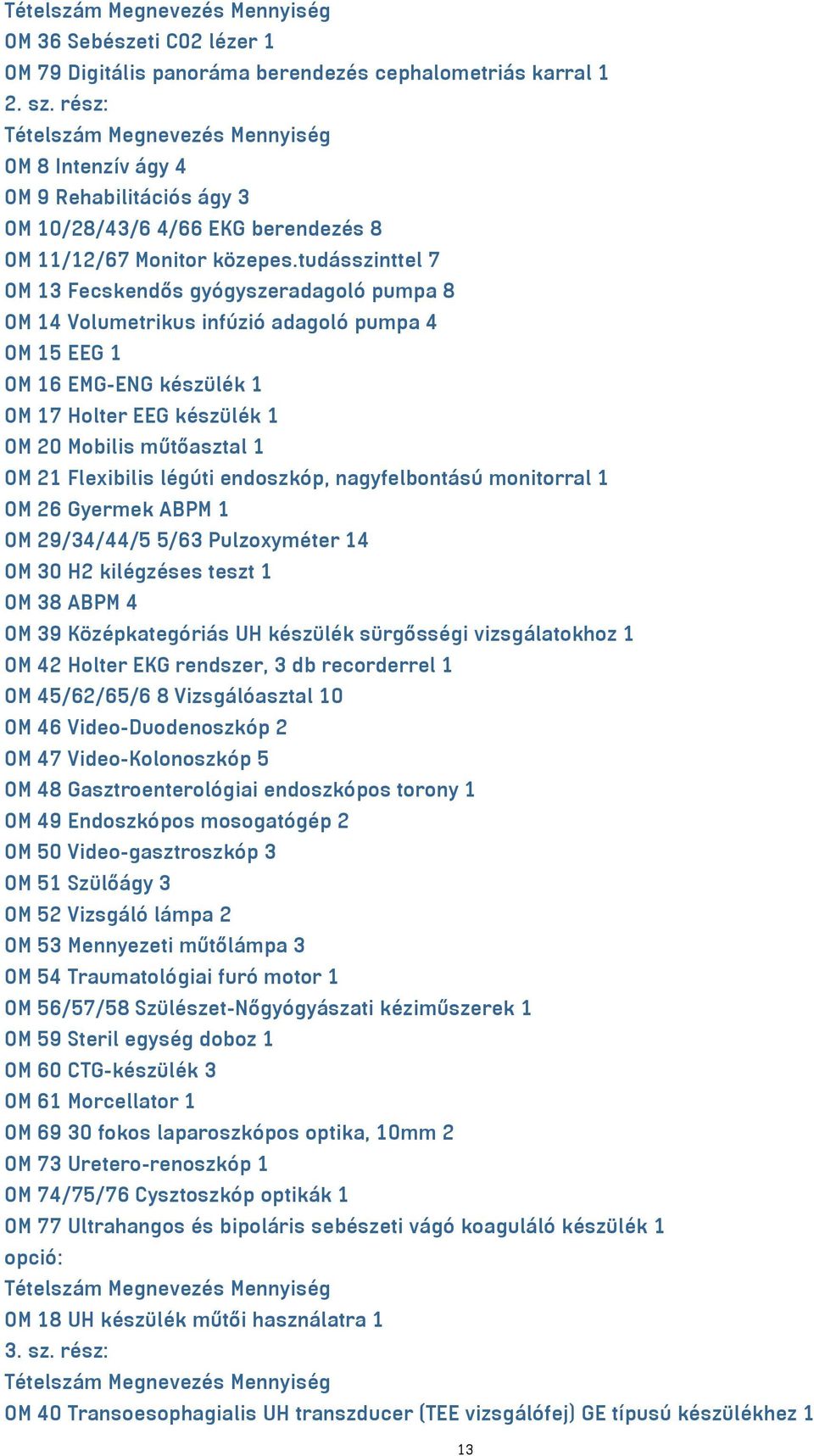 tudásszinttel 7 OM 13 Fecskendős gyógyszeradagoló pumpa 8 OM 14 Volumetrikus infúzió adagoló pumpa 4 OM 15 EEG 1 OM 16 EMG-ENG készülék 1 OM 17 Holter EEG készülék 1 OM 20 Mobilis műtőasztal 1 OM 21