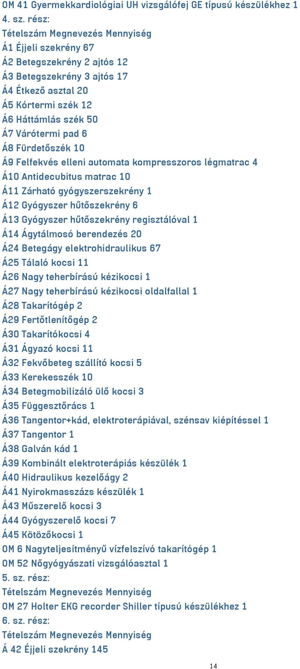 Fürdetőszék 10 Á9 Felfekvés elleni automata kompresszoros légmatrac 4 Á10 Antidecubitus matrac 10 Á11 Zárható gyógyszerszekrény 1 Á12 Gyógyszer hűtőszekrény 6 Á13 Gyógyszer hűtőszekrény regisztálóval