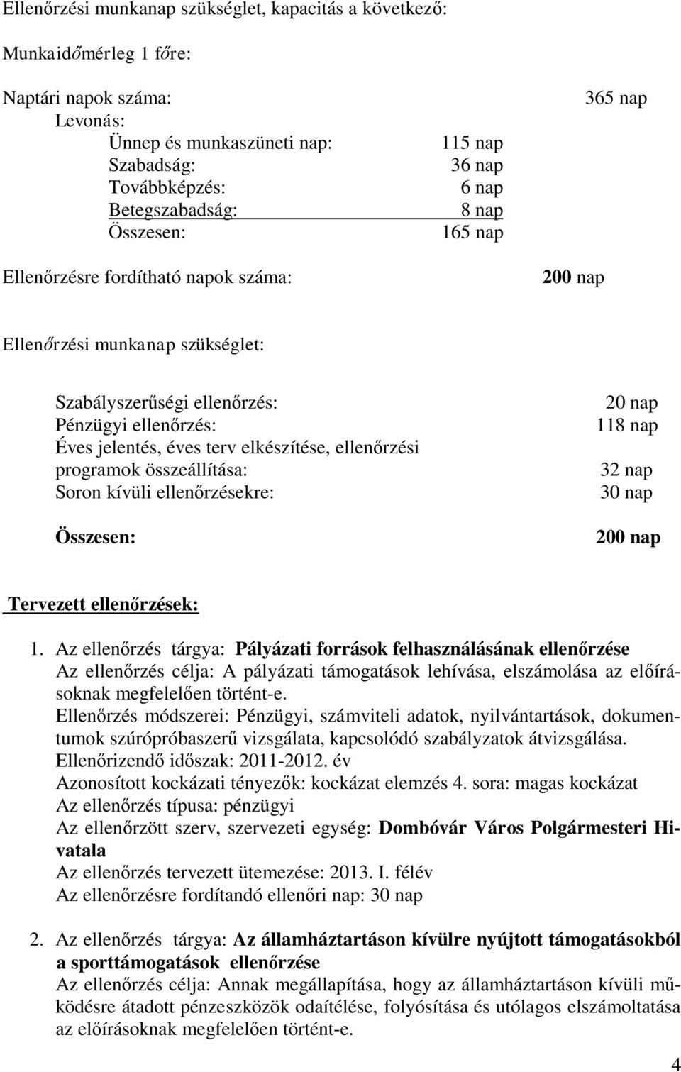 ellenőrzési programok összeállítása: Soron kívüli ellenőrzésekre: Összesen: 20 nap 118 nap 32 nap 30 nap 200 nap Tervezett ellenőrzések: 1.