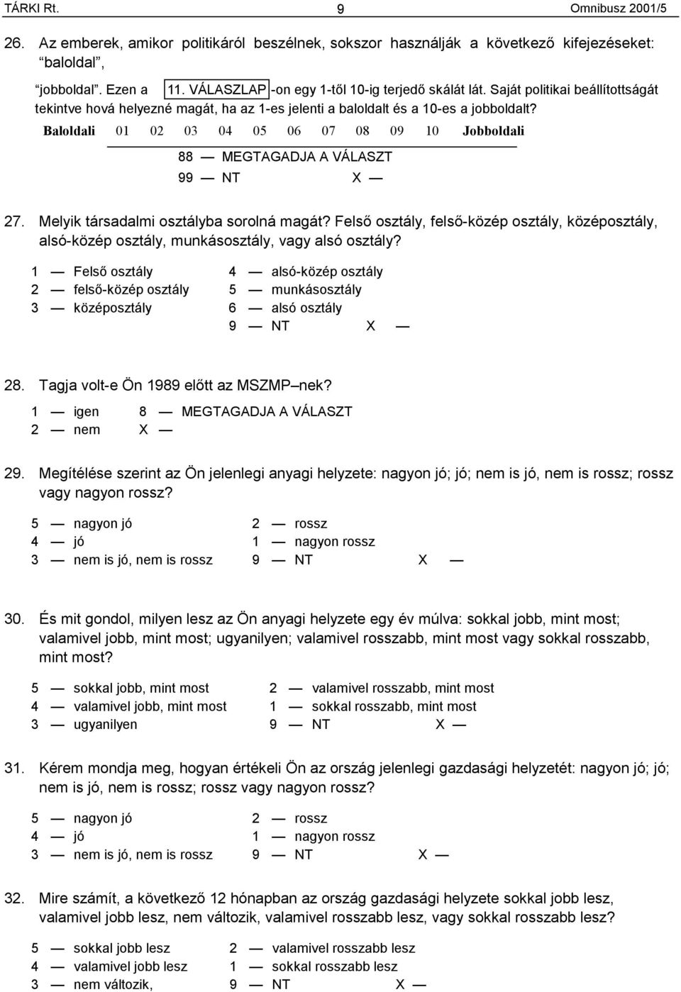 Baloldali 01 02 03 04 05 06 07 08 09 10 Jobboldali 88 MEGTAGADJA A VÁLASZT 99 NT 27. Melyik társadalmi osztályba sorolná magát?