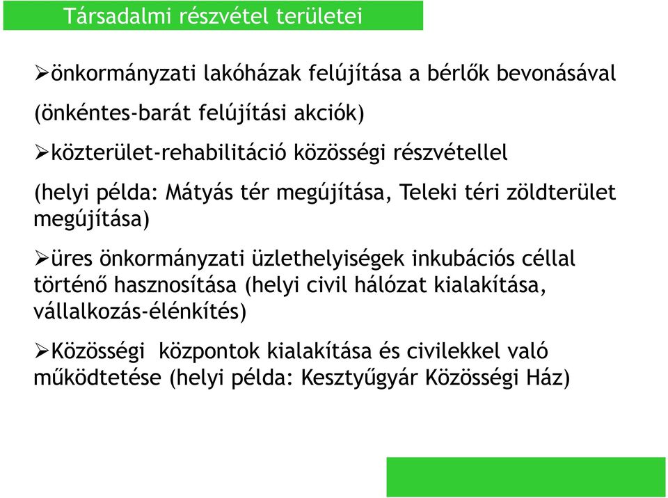 megújítása) üres önkormányzati üzlethelyiségek inkubációs céllal történő hasznosítása (helyi civil hálózat kialakítása,