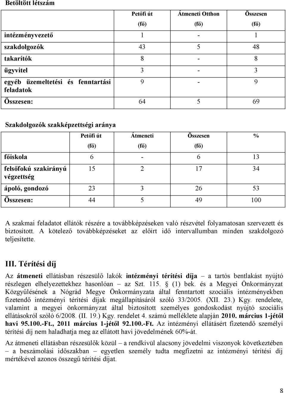 szakmai feladatot ellátók részére a továbbképzéseken való részvétel folyamatosan szervezett és biztosított. A kötelező továbbképzéseket az előírt idő intervallumban minden szakdolgozó teljesítette.