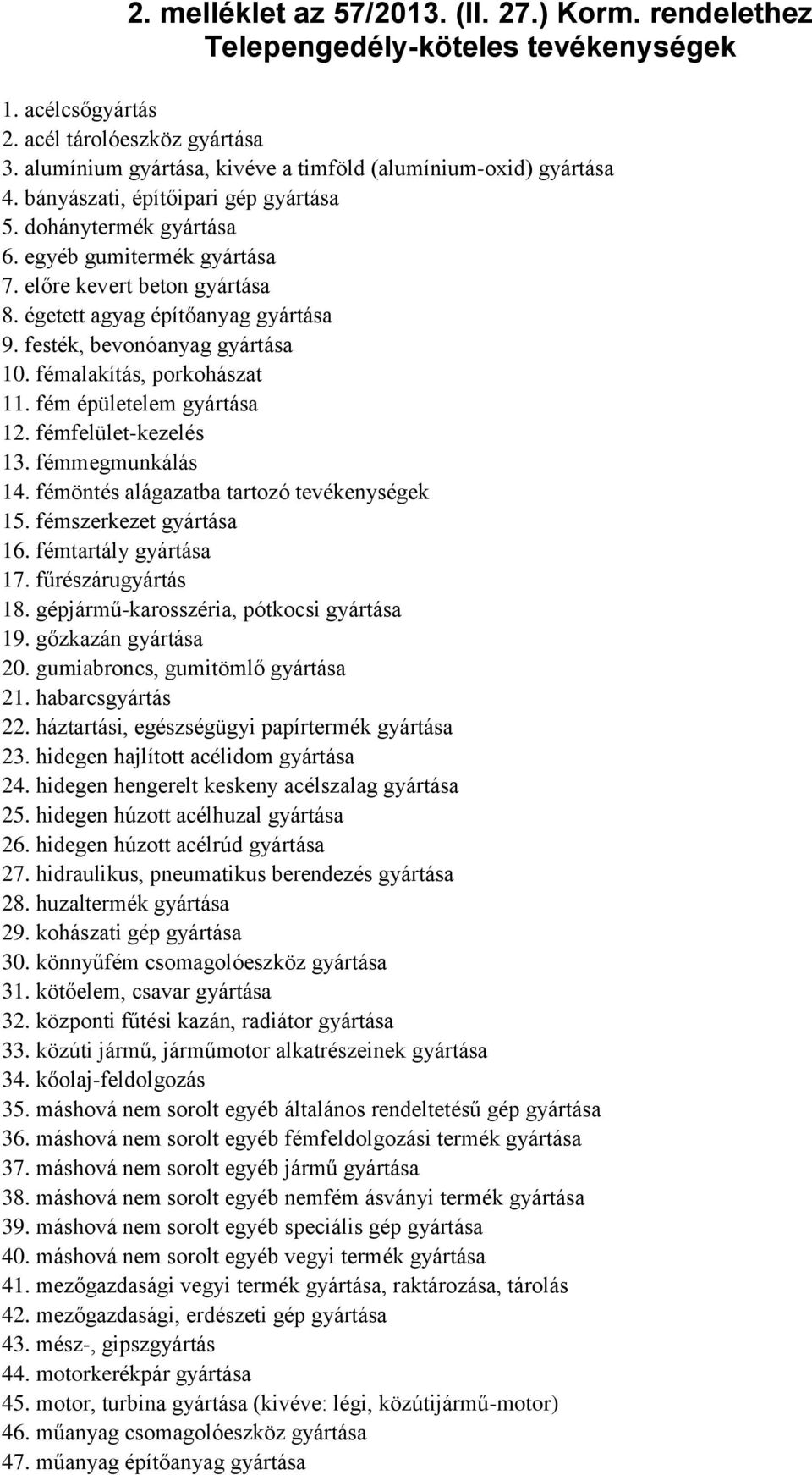 égetett agyag építőanyag gyártása 9. festék, bevonóanyag gyártása 10. fémalakítás, porkohászat 11. fém épületelem gyártása 12. fémfelület-kezelés 13. fémmegmunkálás 14.