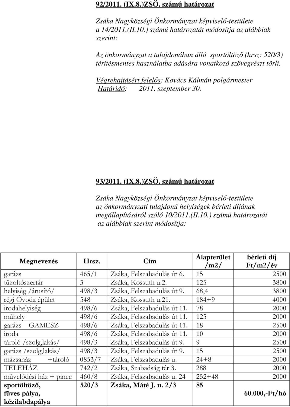 Végrehajtásért felelős: Kovács Kálmán polgármester Határidő: 2011. szeptember 30. 93/2011. (IX.8.)ZSÖ.
