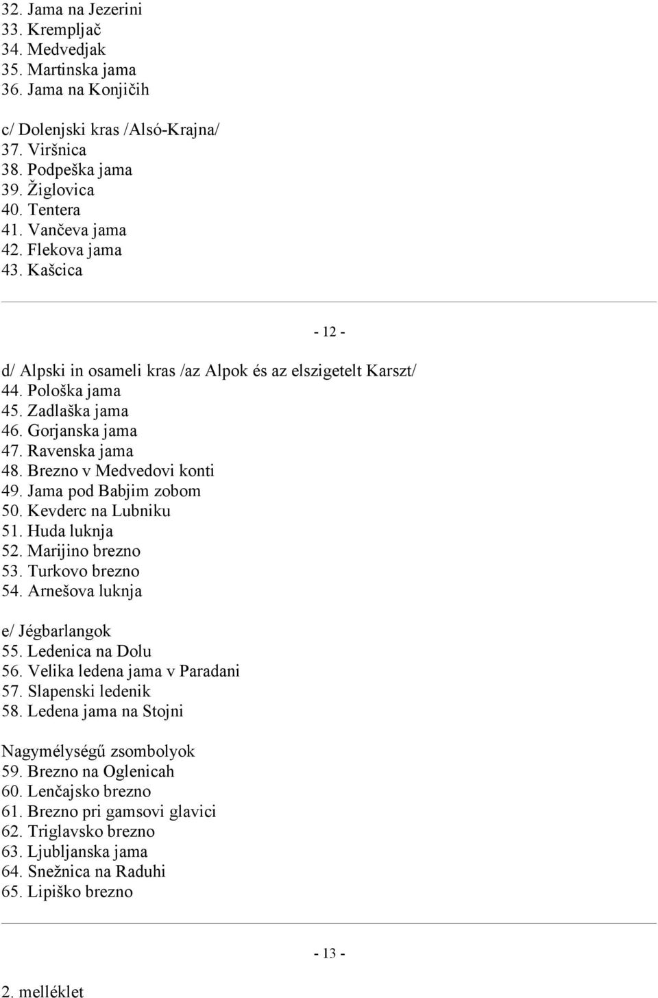 Jama pod Babjim zobom 50. Kevderc na Lubniku 51. Huda luknja 52. Marijino brezno 53. Turkovo brezno 54. Arnešova luknja e/ Jégbarlangok 55. Ledenica na Dolu 56. Velika ledena jama v Paradani 57.