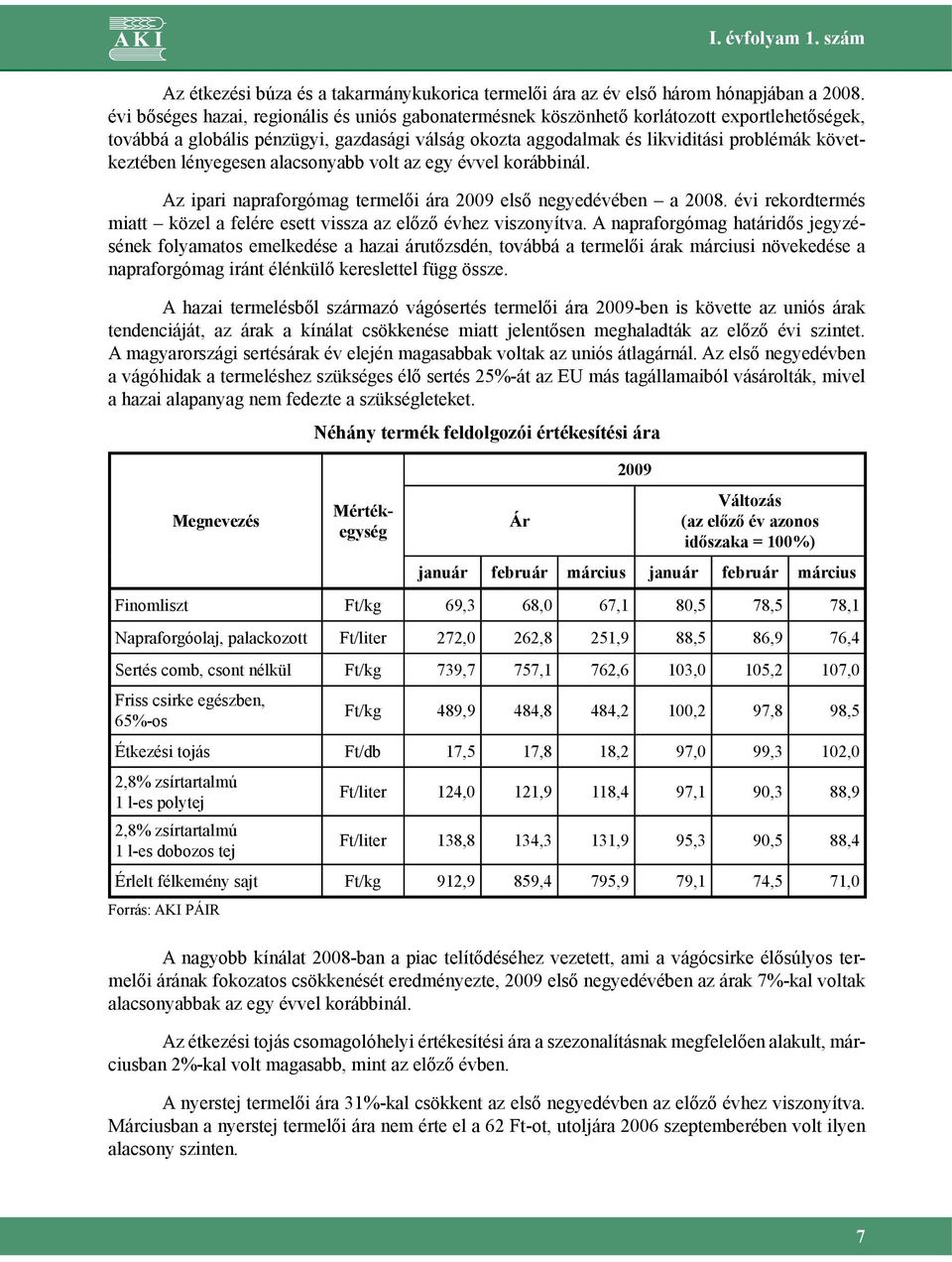 lényegesen alacsonyabb volt az egy évvel korábbinál. Az ipari napraforgómag termelői ára 2009 első negyedévében a 2008. évi rekordtermés miatt közel a felére esett vissza az előző évhez viszonyítva.