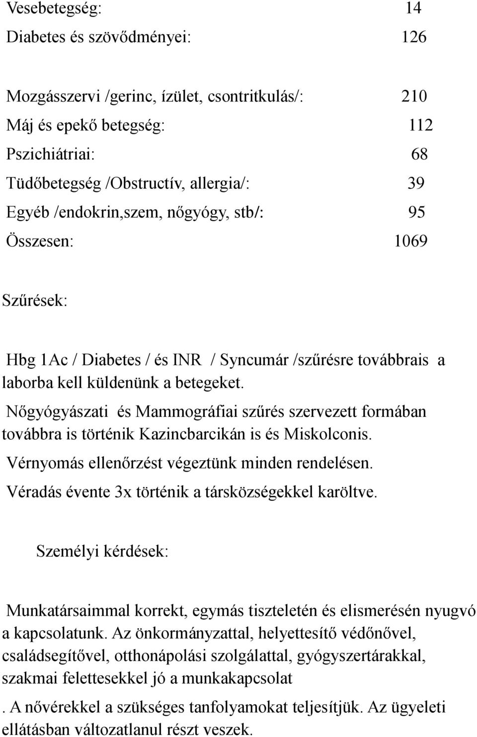 Nőgyógyászati és Mammográfiai szűrés szervezett formában továbbra is történik Kazincbarcikán is és Miskolconis. Vérnyomás ellenőrzést végeztünk minden rendelésen.