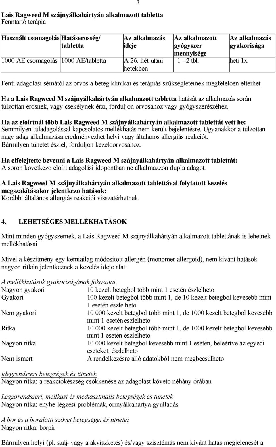 heti 1x Az alkalmazás gyakorisága Fenti adagolási sémától az orvos a beteg klinikai és terápiás szükségleteinek megfeleloen eltérhet Ha a Lais Ragweed M szájnyálkahártyán alkalmazott tabletta hatását