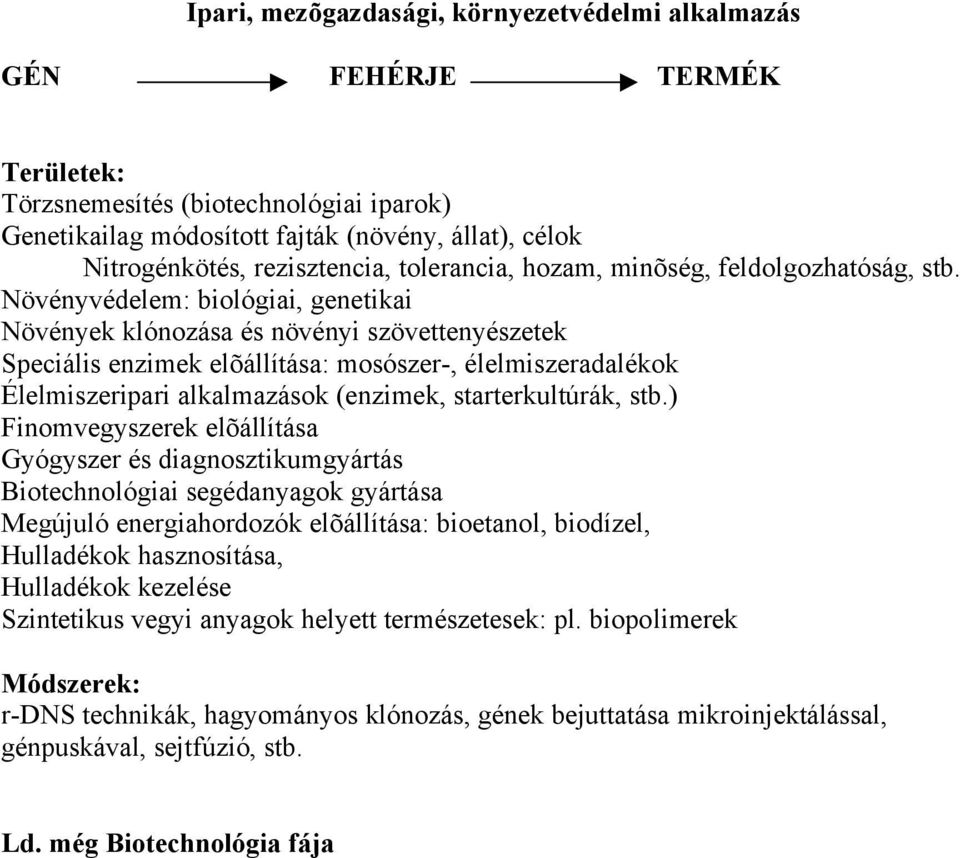 Növényvédelem: biológiai, genetikai Növények klónozása és növényi szövettenyészetek Speciális enzimek elõállítása: mosószer-, élelmiszeradalékok Élelmiszeripari alkalmazások (enzimek,