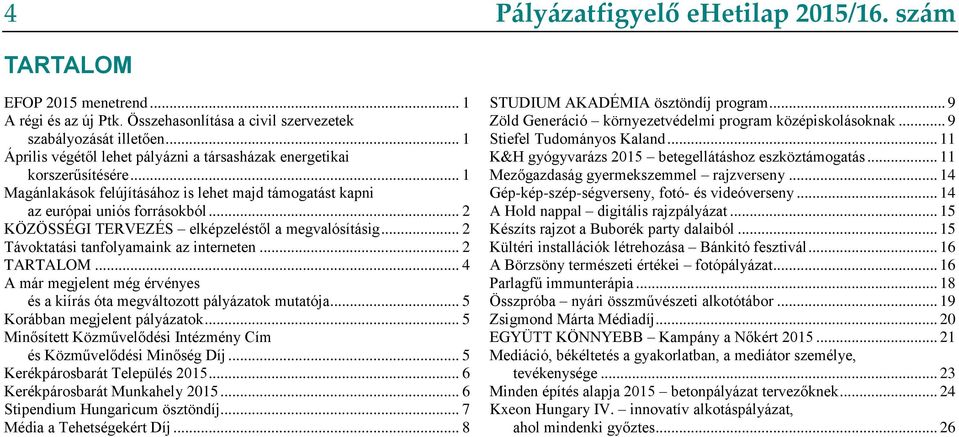 .. 2 KÖZÖSSÉGI TERVEZÉS elképzeléstől a megvalósításig... 2 Távoktatási tanfolyamaink az interneten... 2 TARTALOM... 4 A már megjelent még érvényes és a kiírás óta megváltozott pályázatok mutatója.