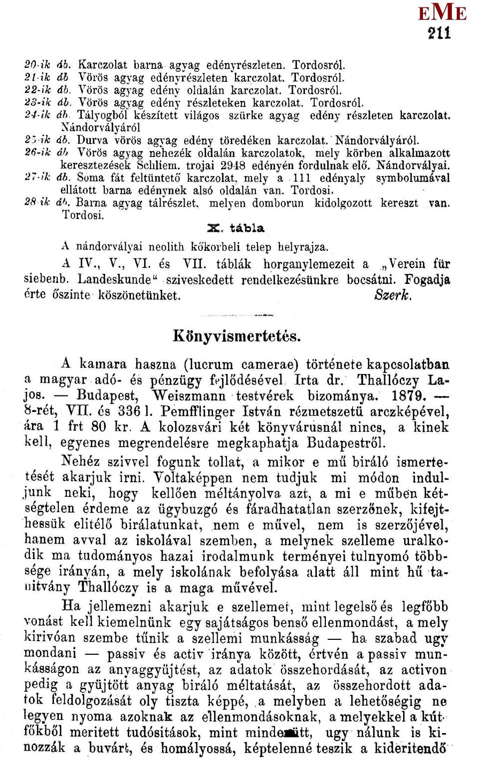 Nándorvályáról. 2fí-ik áh Vörös agyag nehezék oldalán karczolatok, mely körben alkalmazott keresztezések Scliliem. trójai 2948 edényén fordulnak elő. Nándorvályai. 2~-!k áh. Soma fát feltüntető karczolat.