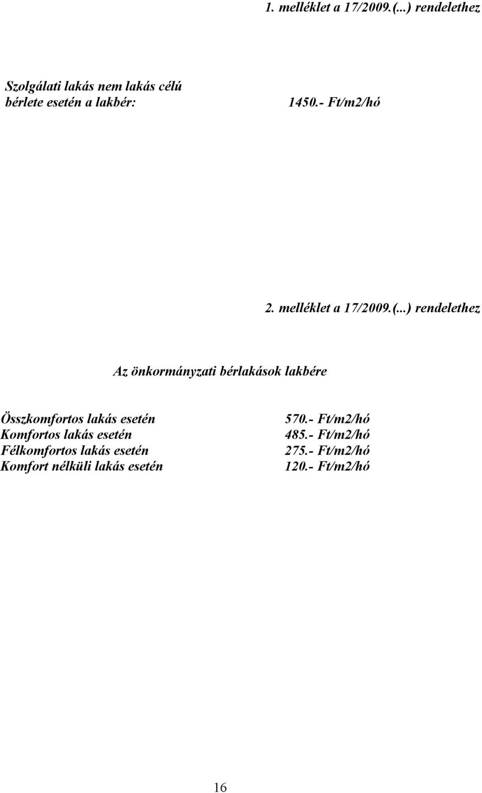 - Ft/m2/hó 2. melléklet a 17/2009.(.