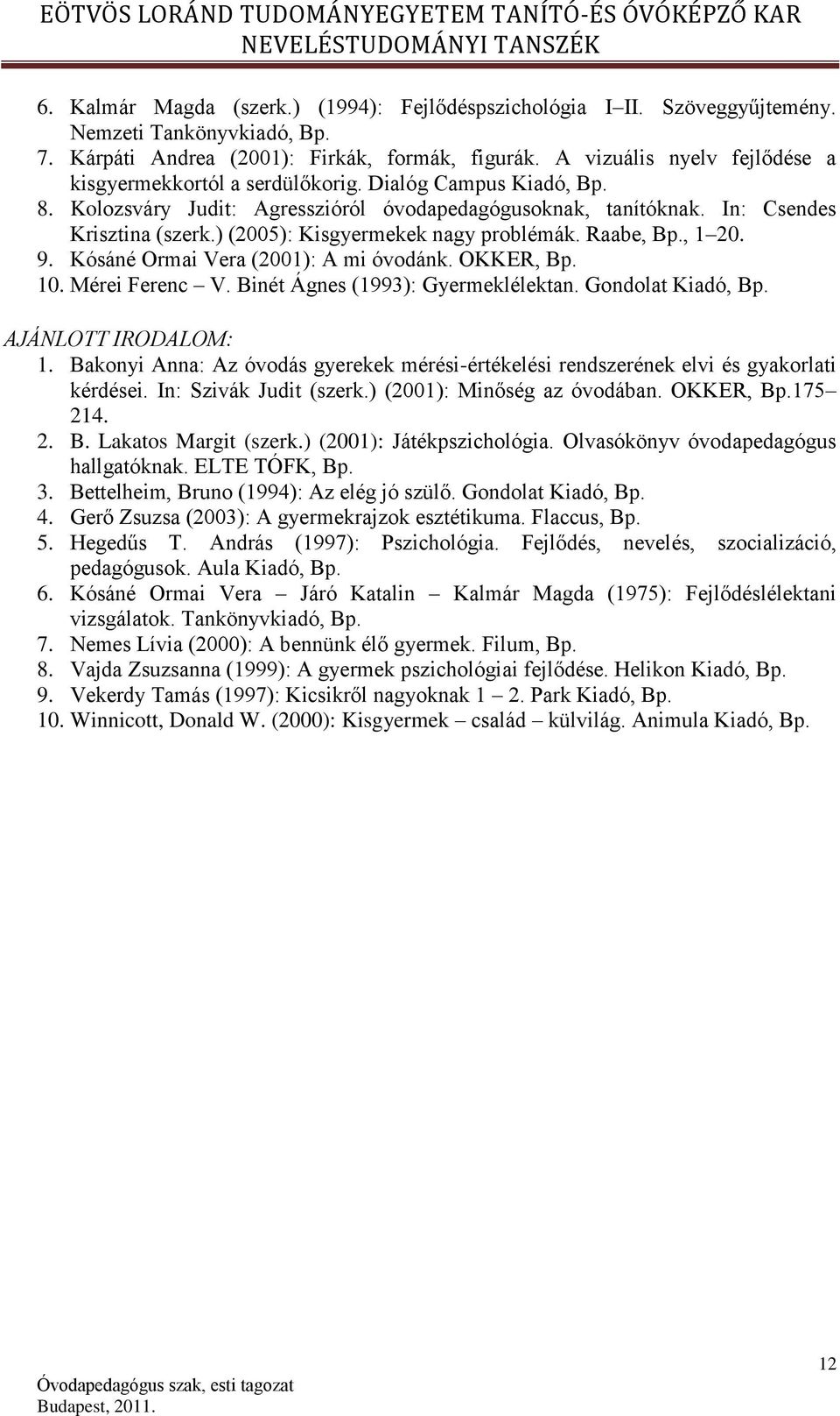 ) (2005): Kisgyermekek nagy problémák. Raabe, Bp., 1 20. 9. Kósáné Ormai Vera (2001): A mi óvodánk. OKKER, Bp. 10. Mérei Ferenc V. Binét Ágnes (1993): Gyermeklélektan. Gondolat Kiadó, Bp.