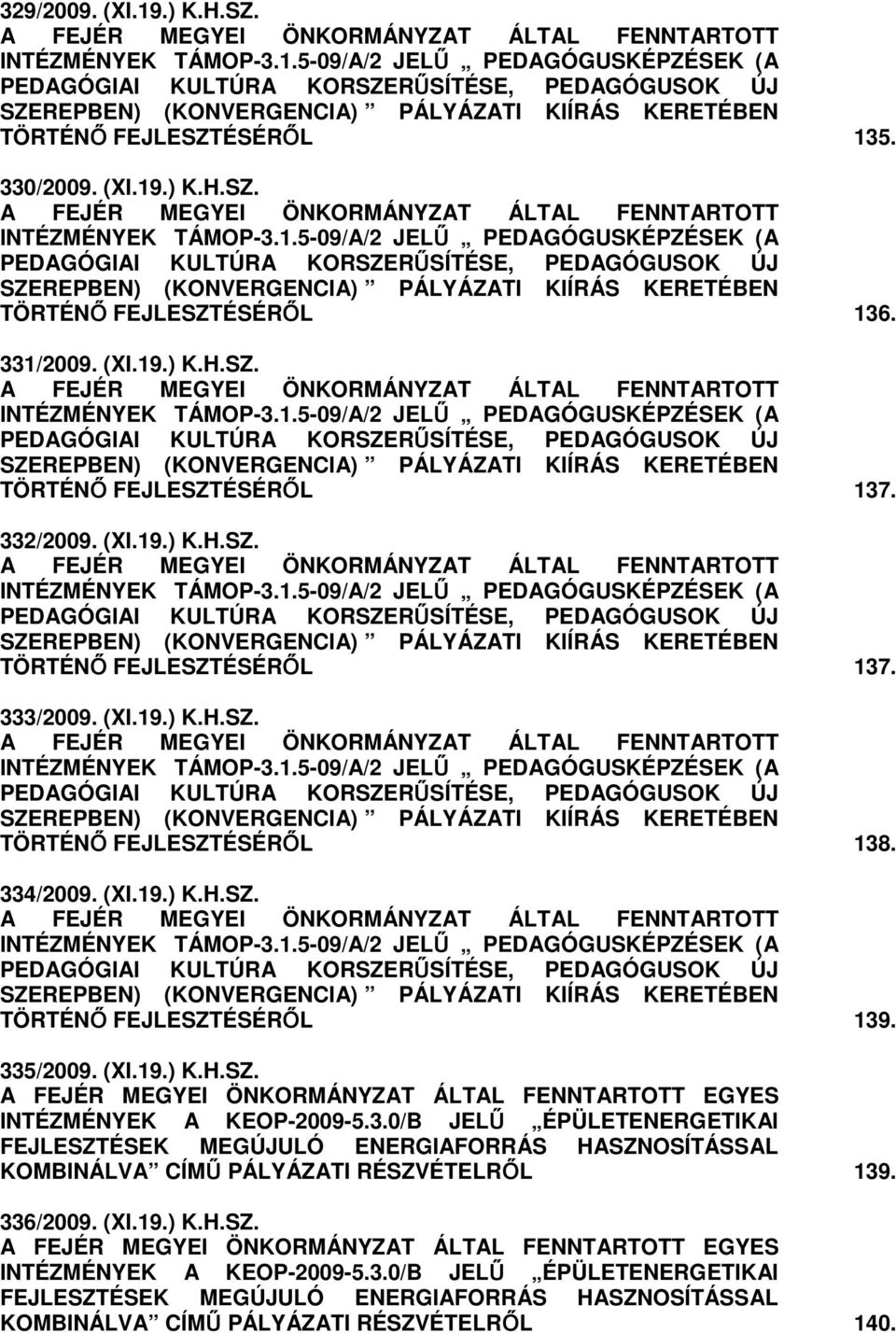 331/2009. (XI.19.) K.H.SZ. A FEJÉR MEGYEI ÖNKORMÁNYZAT ÁLTAL FENNTARTOTT INTÉZMÉNYEK TÁMOP-3.1.5-09/A/2 JELŐ PEDAGÓGUSKÉPZÉSEK (A PEDAGÓGIAI KULTÚRA KORSZERŐSÍTÉSE, PEDAGÓGUSOK ÚJ SZEREPBEN) (KONVERGENCIA) PÁLYÁZATI KIÍRÁS KERETÉBEN TÖRTÉNİ FEJLESZTÉSÉRİL 137.