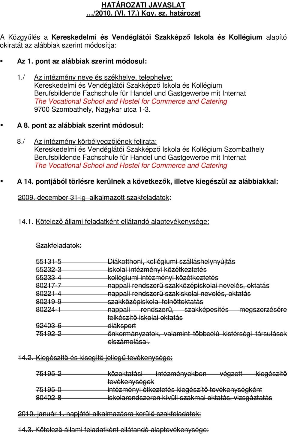 / Az intézmény neve és székhelye, telephelye: Kereskedelmi és Vendéglátói Szakképző Iskola és Kollégium Berufsbildende Fachschule für Handel und Gastgewerbe mit Internat The Vocational School and