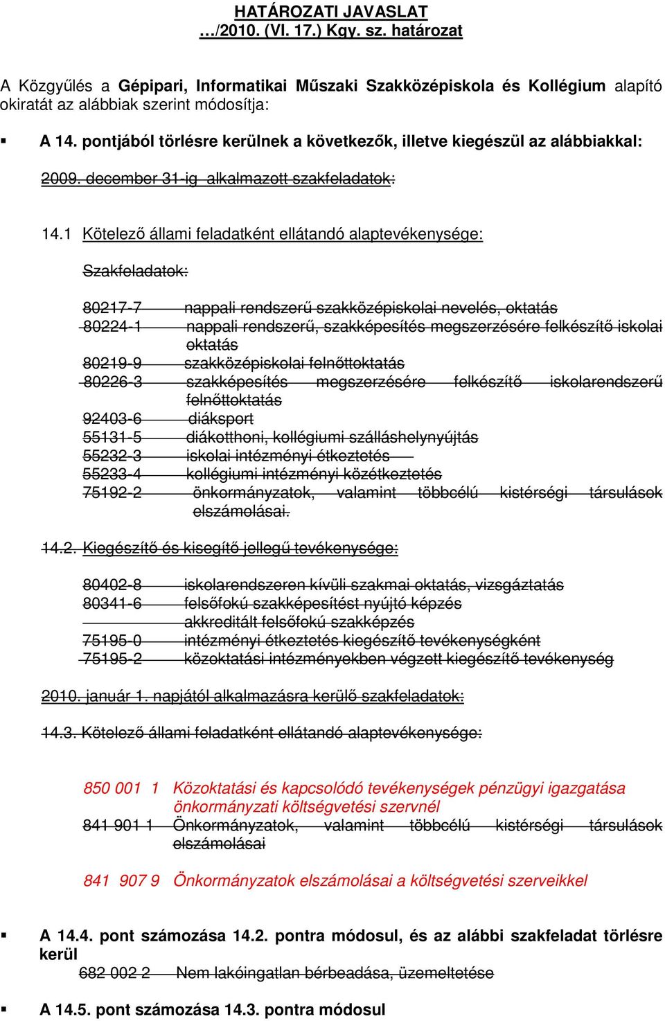 1 Kötelező állami feladatként ellátandó alaptevékenysége: Szakfeladatok: 80217-7 nappali rendszerű szakközépiskolai nevelés, oktatás 80224-1 nappali rendszerű, szakképesítés megszerzésére felkészítő