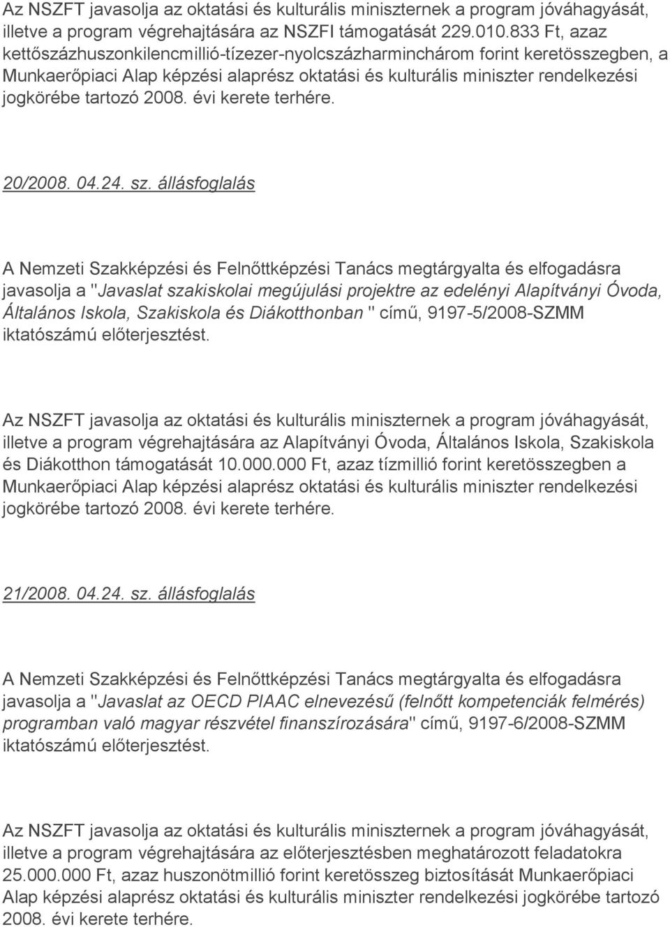 2008. évi kerete terhére. 20/2008. 04.24. sz.