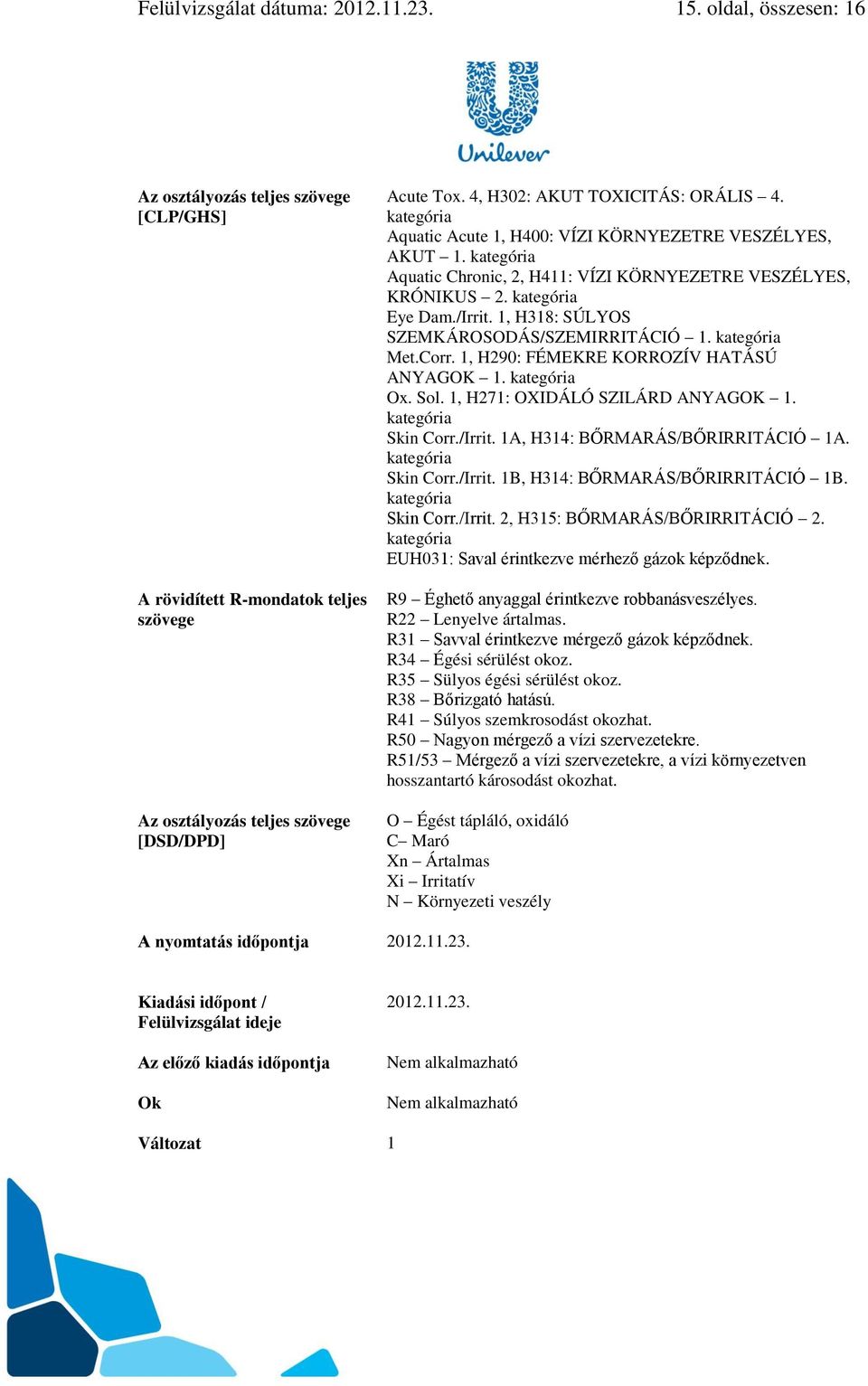 /Irrit. 1, H318: SÚLYOS SZEMKÁROSODÁS/SZEMIRRITÁCIÓ 1. kategória Met.Corr. 1, H290: FÉMEKRE KORROZÍV HATÁSÚ ANYAGOK 1. kategória Ox. Sol. 1, H271: OXIDÁLÓ SZILÁRD ANYAGOK 1. kategória Skin Corr.