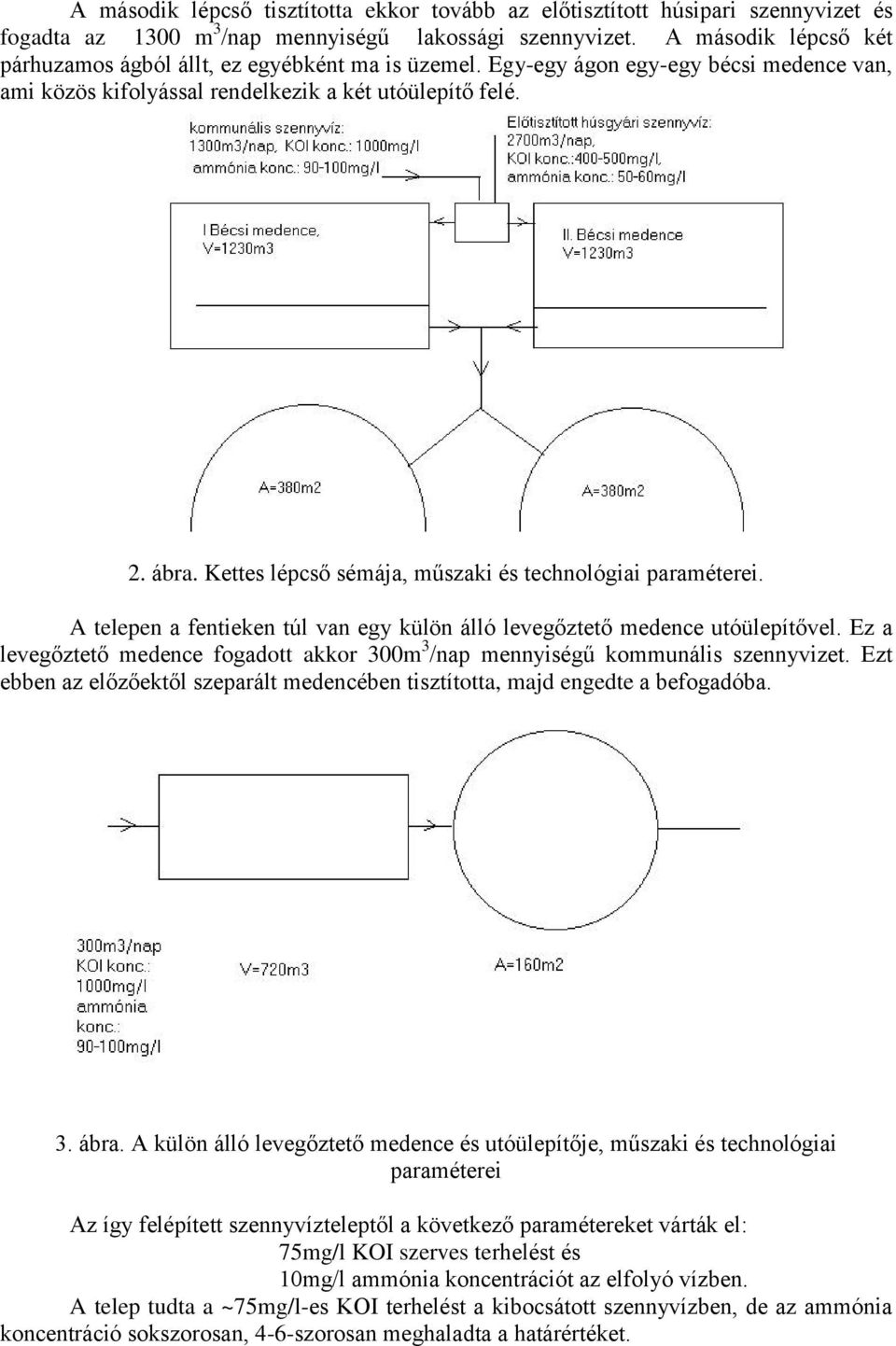 Kettes lépcső sémája, műszaki és technológiai paraméterei. A telepen a fentieken túl van egy külön álló levegőztető medence utóülepítővel.