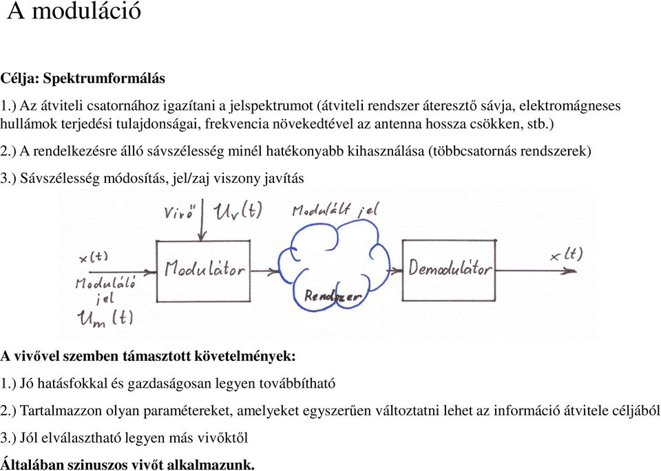 antenna hossza csökken, stb.) 2.) A rendelkezésre álló sávszélesség minél hatékonyabb kihasználása (többcsatornás rendszerek) 3.