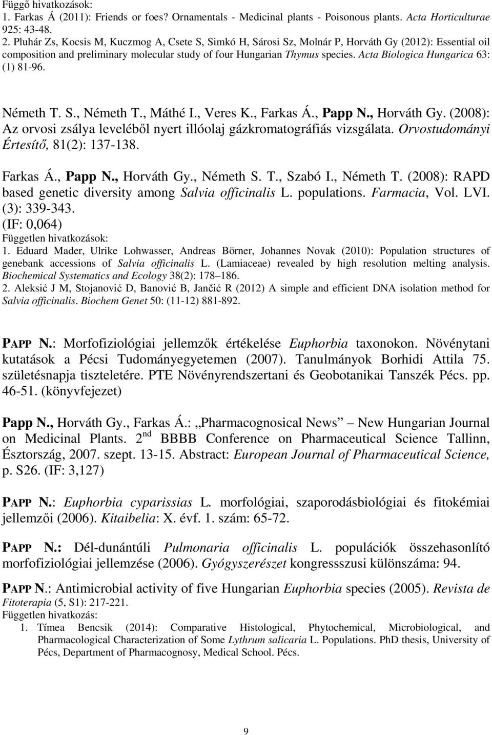 Acta Biologica Hungarica 63: (1) 81-96. Németh T. S., Németh T., Máthé I., Veres K., Farkas Á., Papp N., Horváth Gy. (2008): Az orvosi zsálya leveléből nyert illóolaj gázkromatográfiás vizsgálata.