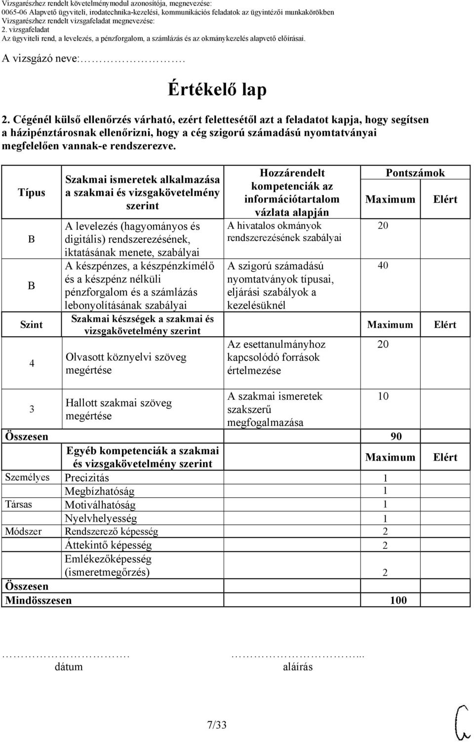 Típus B B Szint Szakmai ismeretek alkalmazása a szakmai és vizsgakövetelmény szerint A levelezés (hagyományos és digitális) rendszerezésének, iktatásának menete, szabályai A készpénzes, a